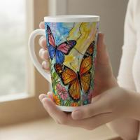 Set of 3 Cups, Butterfly, 17oz Latte Ceramic Mugs Set - Extra Tall Cup Set