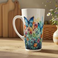 Set of 3 Cups, Butterfly, 17oz Latte Ceramic Mugs Set - Extra Tall Cup Set