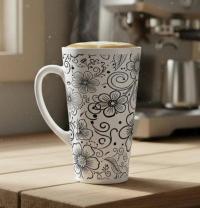 Set of 3 Cups, Floral, 17oz Latte Ceramic Mugs Set - Extra Tall Cup Set