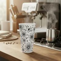 Set of 3 Cups, Floral, 17oz Latte Ceramic Mugs Set - Extra Tall Cup Set