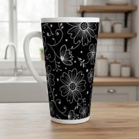 Set of 3 Cups, Floral, 17oz Latte Ceramic Mugs Set - Extra Tall Cup Set