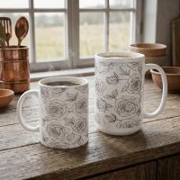 Roses, Floral Cups Set -  Large and Small Ceramic Mugs