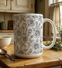 Set of Big Mugs, Floral Cup Set, Large 15 oz Matching Cups