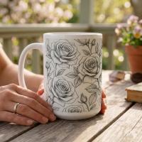 Set of Big Mugs, Floral Cup Set, Large 15 oz Matching Cups
