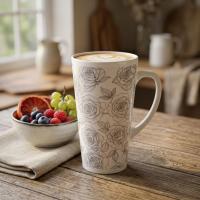 Set of 3 Cups, Floral, 17oz Latte Ceramic Mugs Set - Extra Tall Cup Set
