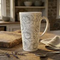 Set of 3 Cups, Floral, 17oz Latte Ceramic Mugs Set - Extra Tall Cup Set