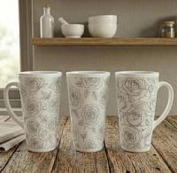 Set of 3 Cups, Floral, 17oz Latte Ceramic Mugs Set - Extra Tall Cup Set