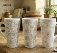 Set of 3 Cups, Floral, 17oz Latte Ceramic Mugs Set - Extra Tall Cup Set