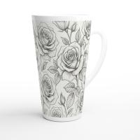 Set of 3 Cups, Floral, 17oz Latte Ceramic Mugs Set - Extra Tall Cup Set