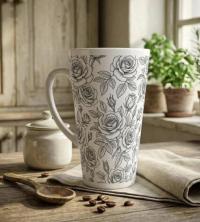 Set of 3 Cups, Floral, 17oz Latte Ceramic Mugs Set - Extra Tall Cup Set