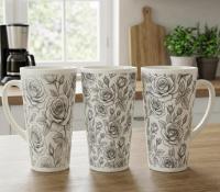 Set of 3 Cups, Floral, 17oz Latte Ceramic Mugs Set - Extra Tall Cup Set