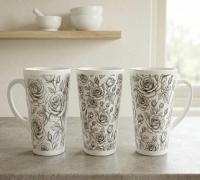 Set of 3 Cups, Floral, 17oz Latte Ceramic Mugs Set - Extra Tall Cup Set