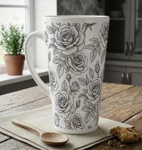 Set of 3 Cups, Floral, 17oz Latte Ceramic Mugs Set - Extra Tall Cup Set