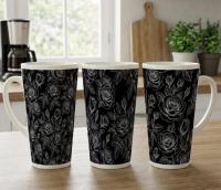 Set of 3 Cups, Floral, 17oz Latte Ceramic Mugs Set - Extra Tall Cup Set