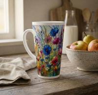 Large Floral Mugs, Latte Mug - Coffee or Tea Cup, Extra Tall, 17oz Ceramic