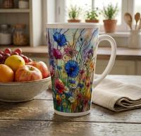 Large Floral Mugs, Latte Mug - Coffee or Tea Cup, Extra Tall, 17oz Ceramic