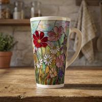 Floral - Large Latte Mug - Coffee or Tea Cup, 17oz Ceramic, Extra Tall