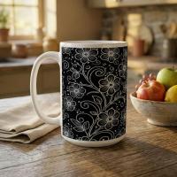 Set of Big Mugs, Dark Floral Cup Set, 15 oz