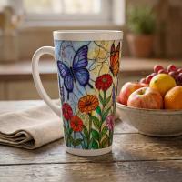 Set of 3 Cups, Butterfly, 17oz Latte Ceramic Mugs Set - Extra Tall Cup Set