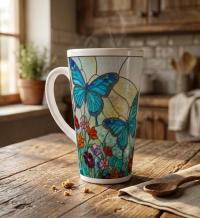 Set of 3 Cups, Butterfly, 17oz Latte Ceramic Mugs Set - Extra Tall Cup Set