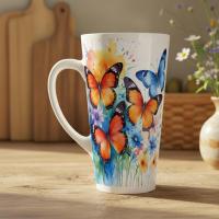Set of 3 Cups, Butterfly, 17oz Latte Ceramic Mugs Set - Extra Tall Cup Set