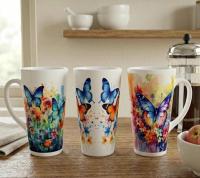 Set of 3 Cups, Butterfly, 17oz Latte Ceramic Mugs Set - Extra Tall Cup Set