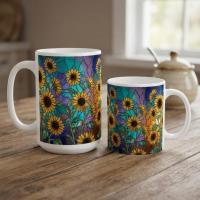 Sunflower Cups Set -  Large and Small Ceramic Mugs