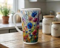 Large Floral Mugs, Latte Mug - Coffee or Tea Cup, Extra Tall, 17oz Ceramic