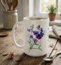 Sweet Pea, Floral Mug set, Large and Small Cups, 11oz or 15oz Ceramic Mugs