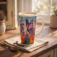 Set of 3 Cups, Butterfly, 17oz Latte Ceramic Mugs Set - Extra Tall Cup Set
