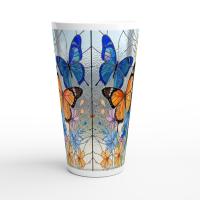 Set of 3 Cups, Butterfly, 17oz Latte Ceramic Mugs Set - Extra Tall Cup Set