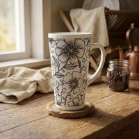 Set of 3 Cups, Floral, Large 17oz Latte Ceramic Mugs - Extra Tall Cup Set