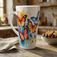 Set of 3 Cups, Butterfly, 17oz Latte Ceramic Mugs Set - Extra Tall Cup Set