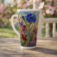 Set of 3 Cups, Floral, Large 17oz Latte Ceramic Mugs - Extra Tall Cup Set