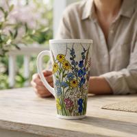 Set of 3 Cups, Floral, Large 17oz Latte Ceramic Mugs - Extra Tall Cup Set