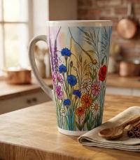 Set of 3 Cups, Floral, Large 17oz Latte Ceramic Mugs - Extra Tall Cup Set