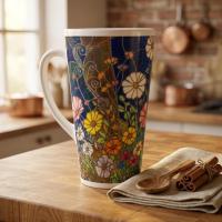 Set of 3 Cups, Floral, Large 17oz Latte Ceramic Mugs - Extra Tall Cup Set