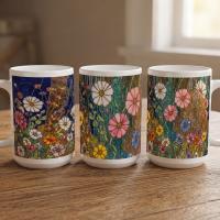 Set of Big Mugs, Floral Cup Set, Large 15 oz Matching Cups