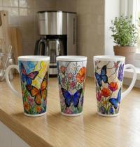 Set of 3 Cups, Butterfly, 17oz Latte Ceramic Mugs Set - Extra Tall Cup Set