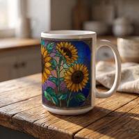 Sunflower Cups Set -  Large and Small Ceramic Mugs