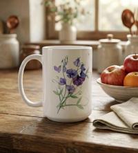 Sweet Pea, Floral Mug set, Large and Small Cups, 11oz or 15oz Ceramic Mugs
