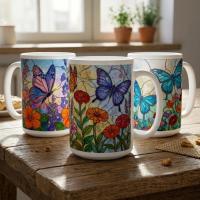 Set of Big Mugs, Butterfly Cup Set, Large 15 oz Matching Cups