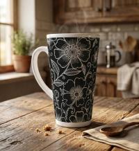 Set of 3 Cups, Floral, Large 17oz Latte Ceramic Mugs - Extra Tall Cup Set