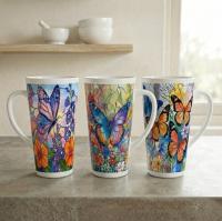 Set of 3 Cups, Butterfly, 17oz Latte Ceramic Mugs Set - Extra Tall Cup Set