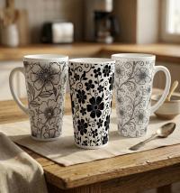 Set of 3 Cups, Floral, Large 17oz Latte Ceramic Mugs - Extra Tall Cup Set
