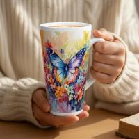 Set of 3 Cups, Butterfly, 17oz Latte Ceramic Mugs Set - Extra Tall Cup Set