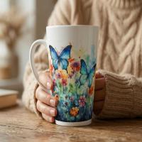 Set of 3 Cups, Butterfly, 17oz Latte Ceramic Mugs Set - Extra Tall Cup Set