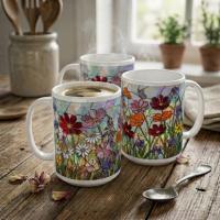 Set of Big Mugs, Floral Cup Set, Large 15 oz Matching Cups