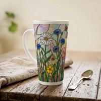 Set of 3 Cups, Floral, Large 17oz Latte Ceramic Mugs - Extra Tall Cup Set