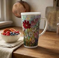 Set of 3 Cups, Floral, Large 17oz Latte Ceramic Mugs - Extra Tall Cup Set